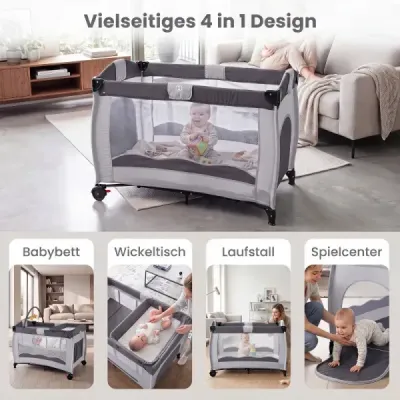 4 v 1: dětská postýlka, cestovní postýlka, dětská postel, ohrádka, skládací postýlka, kolébka, dětská cestovní postýlka – šedá