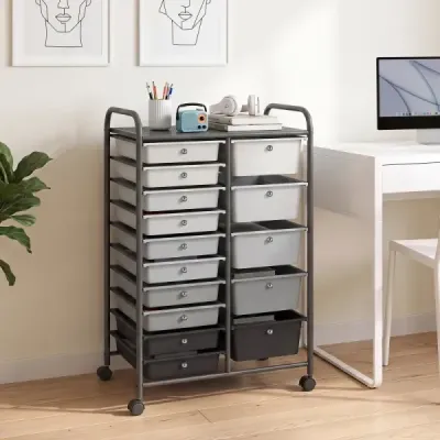 Vozík s 15 stohovatelnými zásuvkami a úchyty – zásuvkový vozík 63 x 38 x 96 cm, černý