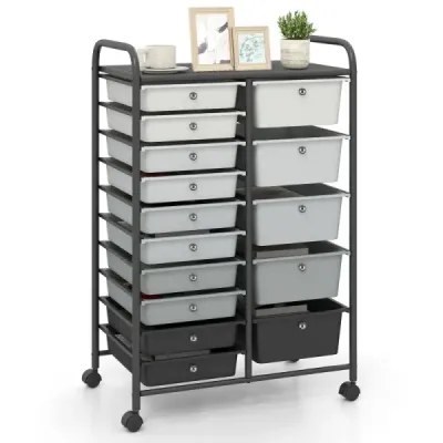 Vozík s 15 stohovatelnými zásuvkami a úchyty – zásuvkový vozík 63 x 38 x 96 cm, černý