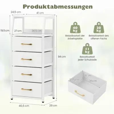 Komoda se 4 látkovými zásuvkami, zásuvková skříň s kovovým rámem, bílá + zlatá