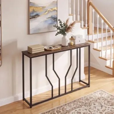 Úzký kovový konzolový stolek s protiskluzovými prvky 110 x 30 x 80 cm, rustikální hnědá barva