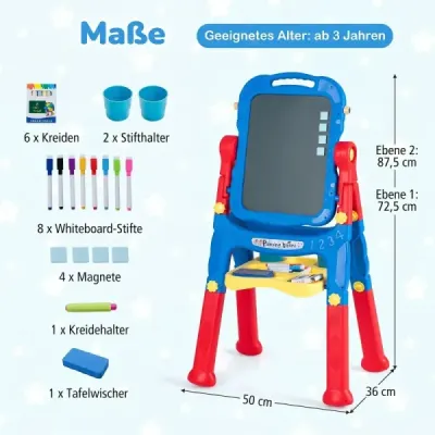 Dětský stojan 4 v 1, výškově nastavitelný, oboustranný s magnetickou tabulí, otočný o 360°, modrý a červený