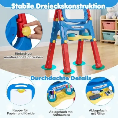 Dětský stojan 4 v 1, výškově nastavitelný, oboustranný s magnetickou tabulí, otočný o 360°, modrý a červený