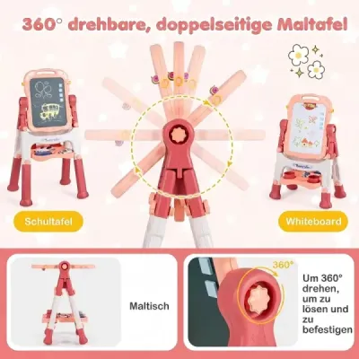 Dětský malířský stojan 4 v 1, výškově nastavitelný, oboustranný, otočný o 360°, broskvově růžový