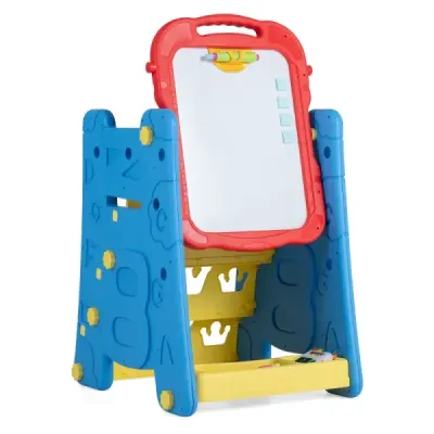 Malířský stojan 3 v 1 pro děti s policí na knihy, oboustranná dětská tabule s křídovou tabulí, červená a modrá
