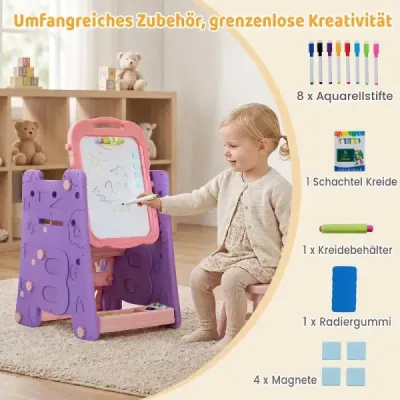 Umělecký stojan 3 v 1 pro děti s policí na knihy – oboustranná dětská tabule s křídovou tabulí, růžová a fialová