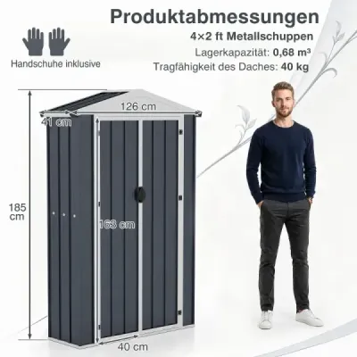 Zahradní kůlna – kovová kůlna na nářadí s uzamykatelnými dveřmi a ochrannými krytkami hran 126 x 41 x 185 cm, šedá