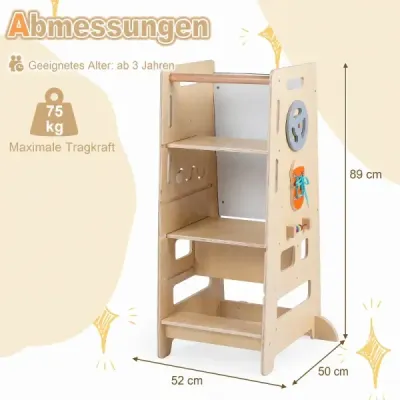 Dřevěná stupátková stolička s dvojitým nastavením výšky, 4 v 1, Montessori výuková věž, 52 x 50 x 89 cm, přírodní