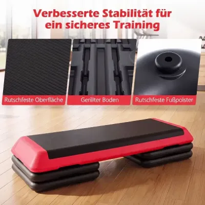 Aerobní stepper s nastavitelnou výškou, fitness stepper se 4 opěrnými bloky, strukturovaný povrch, červený