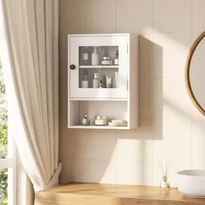 Závěsná koupelnová skříňka se skleněnými dvířky 35 x 18 x 51 cm, nástěnná skříňka s otevřenou přihrádkou, bílá