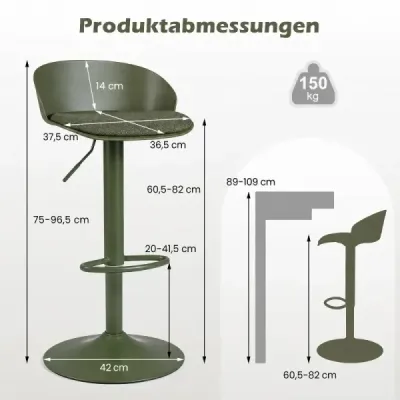 Sada 2 barových židlí, otočné o 360°, výškově nastavitelné, nosnost 150 kg, rozměry 42 x 42 x 75–96,5 cm, zelené