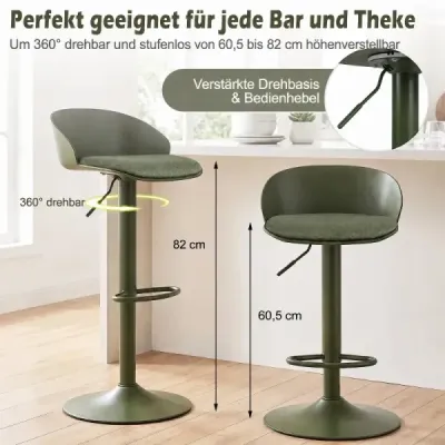 Sada 2 barových židlí, otočné o 360°, výškově nastavitelné, nosnost 150 kg, rozměry 42 x 42 x 75–96,5 cm, zelené