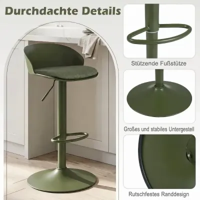 Sada 2 barových židlí, otočné o 360°, výškově nastavitelné, nosnost 150 kg, rozměry 42 x 42 x 75–96,5 cm, zelené