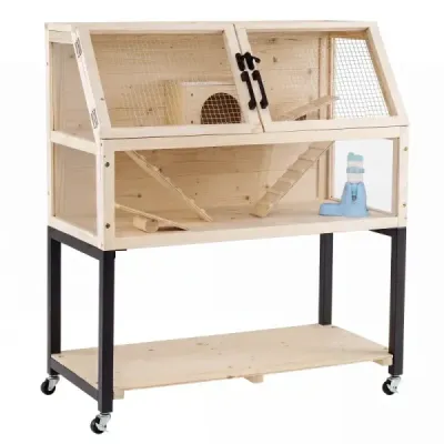 Dřevěná klec pro křečky s kolečky a průhlednými akrylovými deskami, dvoupatrová klec pro hlodavce, 87 x 42 x 101 cm, přírodní
