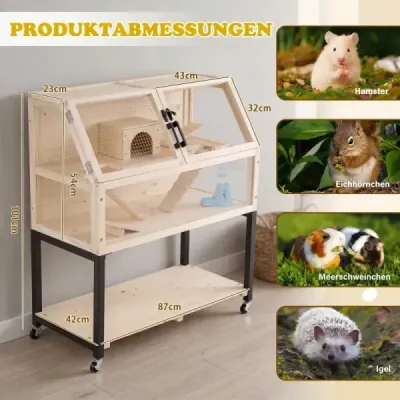 Dřevěná klec pro křečky s kolečky a průhlednými akrylovými deskami, dvoupatrová klec pro hlodavce, 87 x 42 x 101 cm, přírodní