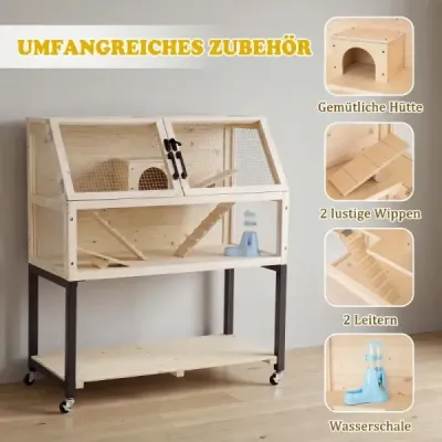 Dřevěná klec pro křečky s kolečky a průhlednými akrylovými deskami, dvoupatrová klec pro hlodavce, 87 x 42 x 101 cm, přírodní