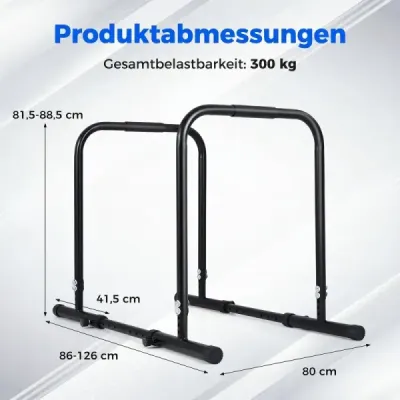 Hrazda na kliky s nosností až 300 kg, výška 81,5–88,5 cm, výškově nastavitelná v rozmezí 86–126 cm, šířkově nastavitelná