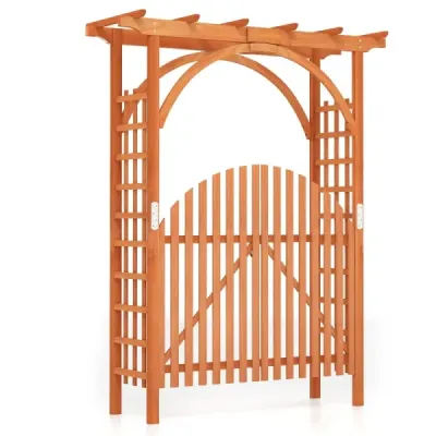Dřevěný růžový oblouk z jedlového dřeva s visící střechou a mřížkou pro popínavé rostliny, 161 x 60 x 216 cm, oranžový