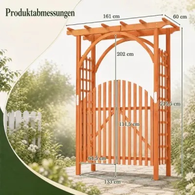 Dřevěný růžový oblouk z jedlového dřeva s visící střechou a mřížkou pro popínavé rostliny, 161 x 60 x 216 cm, oranžový