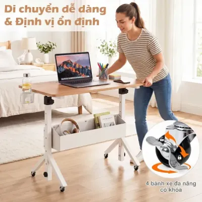 Stůl na stání, výškově nastavitelný 70-117 cm, mobilní stůl na kolečkách s látkovým košem a drážkou pro tablet, přírodní povrchová úprava