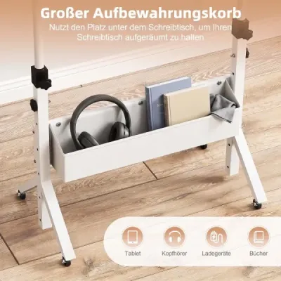 Stůl na stání, výškově nastavitelný 70-117 cm, mobilní stůl na kolečkách s látkovým košem a drážkou pro tablet, přírodní povrchová úprava