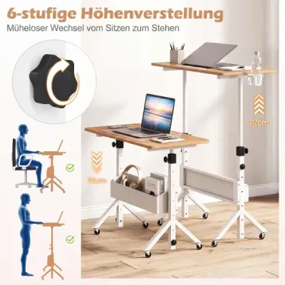 Stůl na stání, výškově nastavitelný 70-117 cm, mobilní stůl na kolečkách s látkovým košem a drážkou pro tablet, přírodní povrchová úprava
