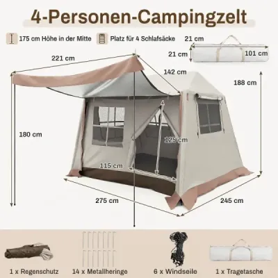Pop-up stan pro 4 osoby – skládací kempingový stan se 4 síťovanými okny a 2 střešními okny, rozměry 275 x 245 x 188 cm