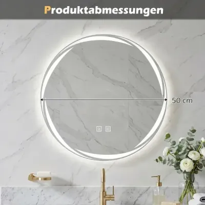 Koupelnové zrcadlo s osvětlením, 50 cm, kulaté LED koupelnové zrcadlo s nastavitelnou intenzitou osvětlení a 3 barvami světla