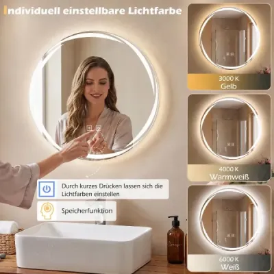 Koupelnové zrcadlo s osvětlením, 50 cm, kulaté LED koupelnové zrcadlo s nastavitelnou intenzitou osvětlení a 3 barvami světla