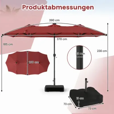 Dvojitý slunečník 370 x 200 cm, slunečník s klikou a podstavcem, terasový slunečník se 108 LED diodami, vínově červený