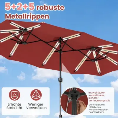 Dvojitý slunečník 370 x 200 cm, slunečník s klikou a podstavcem, terasový slunečník se 108 LED diodami, vínově červený
