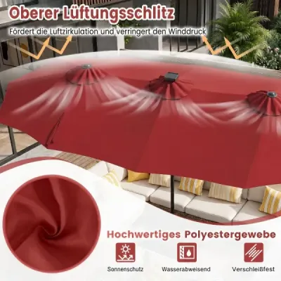 Dvojitý slunečník 370 x 200 cm, slunečník s klikou a podstavcem, terasový slunečník se 108 LED diodami, vínově červený