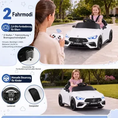 Dětské elektrické auto 12 V Mercedes-AMG s LED světly a dálkovým ovládáním 2,4 GHz, bílé