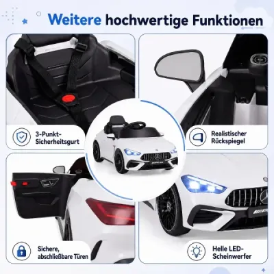 Dětské elektrické auto 12 V Mercedes-AMG s LED světly a dálkovým ovládáním 2,4 GHz, bílé