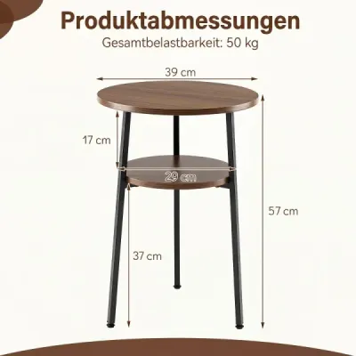 Sada 2 kusů: kulatý konferenční stolek Ø 39 cm, odkládací stolek se dvěma policemi, do obývacího pokoje, s ocelovým rámem, ořech