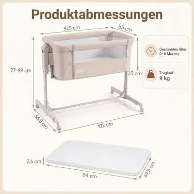Dětská postýlka 3 v 1 s 6stupňovým nastavením výšky a 4 kolečky, nosnost až 9 kg, béžová