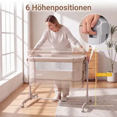 Dětská postýlka 3 v 1 s 6stupňovým nastavením výšky a 4 kolečky, nosnost až 9 kg, béžová