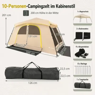 Kempingový stan pro 10 osob, rodinný stan s větráním, ochranou proti dešti a přepravní taškou, 399 x 267 x 201 cm, khaki