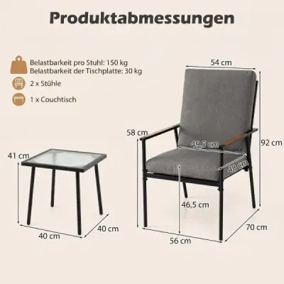 3dílná sada zahradního nábytku, balkonový nábytek se 2 židlemi s kovovou konstrukcí a stolem se skleněnou deskou, šedá