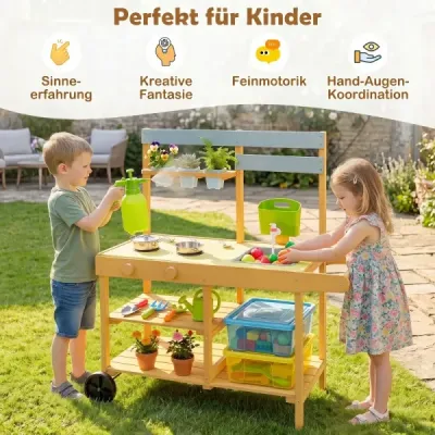 Dětská kuchyňka na hraní s blátem – venkovní dětská kuchyňka s vařičem a kuchyňským příslušenstvím – kuchyňka pro panenky s umyvadlem – žlutá
