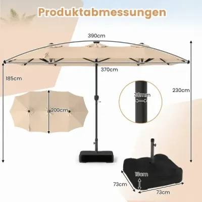 Dvojitý slunečník 370 x 200 cm, slunečník s klikou a stojanem, zahradní slunečník se 108 LED světly, béžový