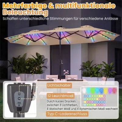 Dvojitý slunečník 370 x 200 cm, slunečník s klikou a stojanem, zahradní slunečník se 108 LED světly, béžový