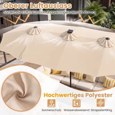 Dvojitý slunečník 370 x 200 cm, slunečník s klikou a stojanem, zahradní slunečník se 108 LED světly, béžový