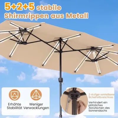 Dvojitý slunečník 370 x 200 cm, slunečník s klikou a stojanem, zahradní slunečník se 108 LED světly, béžový