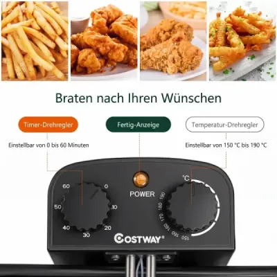 Fritéza s nádobou na olej o objemu 5 l z nerezové oceli, výkon 1700 W, se 3 košíky na smažení, průhledovým okénkem a tepelně izolovanou rukojetí