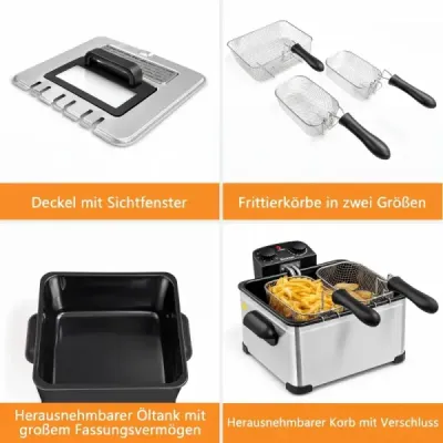 Fritéza s nádobou na olej o objemu 5 l z nerezové oceli, výkon 1700 W, se 3 košíky na smažení, průhledovým okénkem a tepelně izolovanou rukojetí