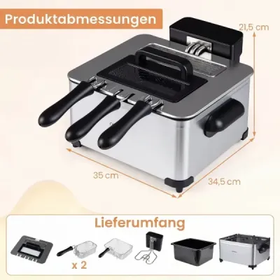 Digitální fritéza s olejem, objem 5 l, výkon 1700 W, nerezová fritézová nádoba, hranolky, 3 košíky a 6 programů