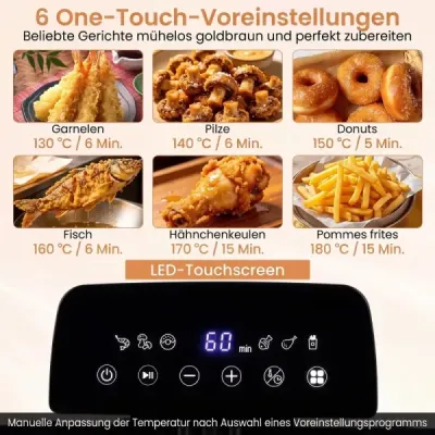 Digitální fritéza s olejem, objem 5 l, výkon 1700 W, nerezová fritézová nádoba, hranolky, 3 košíky a 6 programů