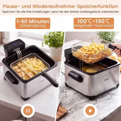 Digitální fritéza s olejem, objem 5 l, výkon 1700 W, nerezová fritézová nádoba, hranolky, 3 košíky a 6 programů
