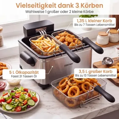 Digitální fritéza s olejem, objem 5 l, výkon 1700 W, nerezová fritézová nádoba, hranolky, 3 košíky a 6 programů
